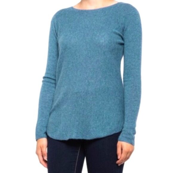 Max Studio 100% Cashmere 2 Ply Crewneck Pull Over Sweater Blue Back Zipper - Picture 1 of 6